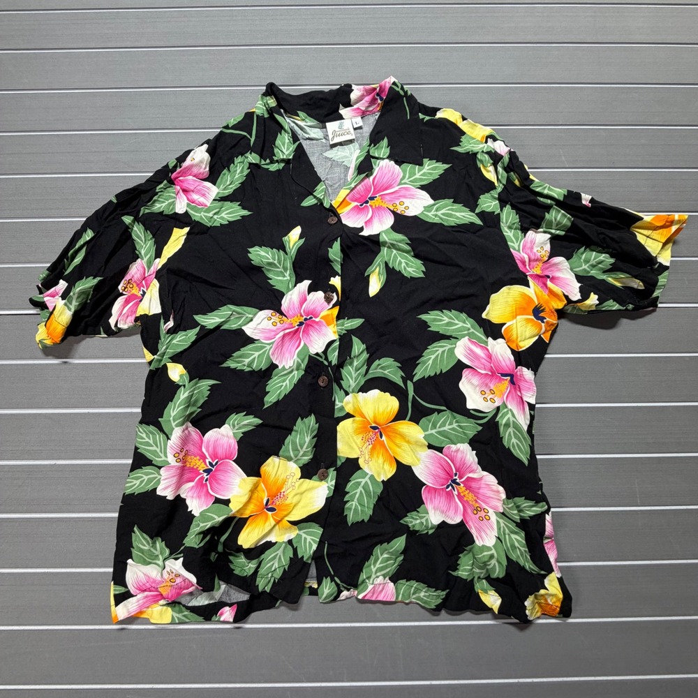 Pineapple Juice Hawaiian Shirt Mens L Black Pink Yellow Hibiscus Floral Rayon